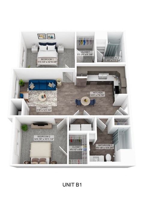 Floor plan for 2 beds, 2 baths, 982 sqft